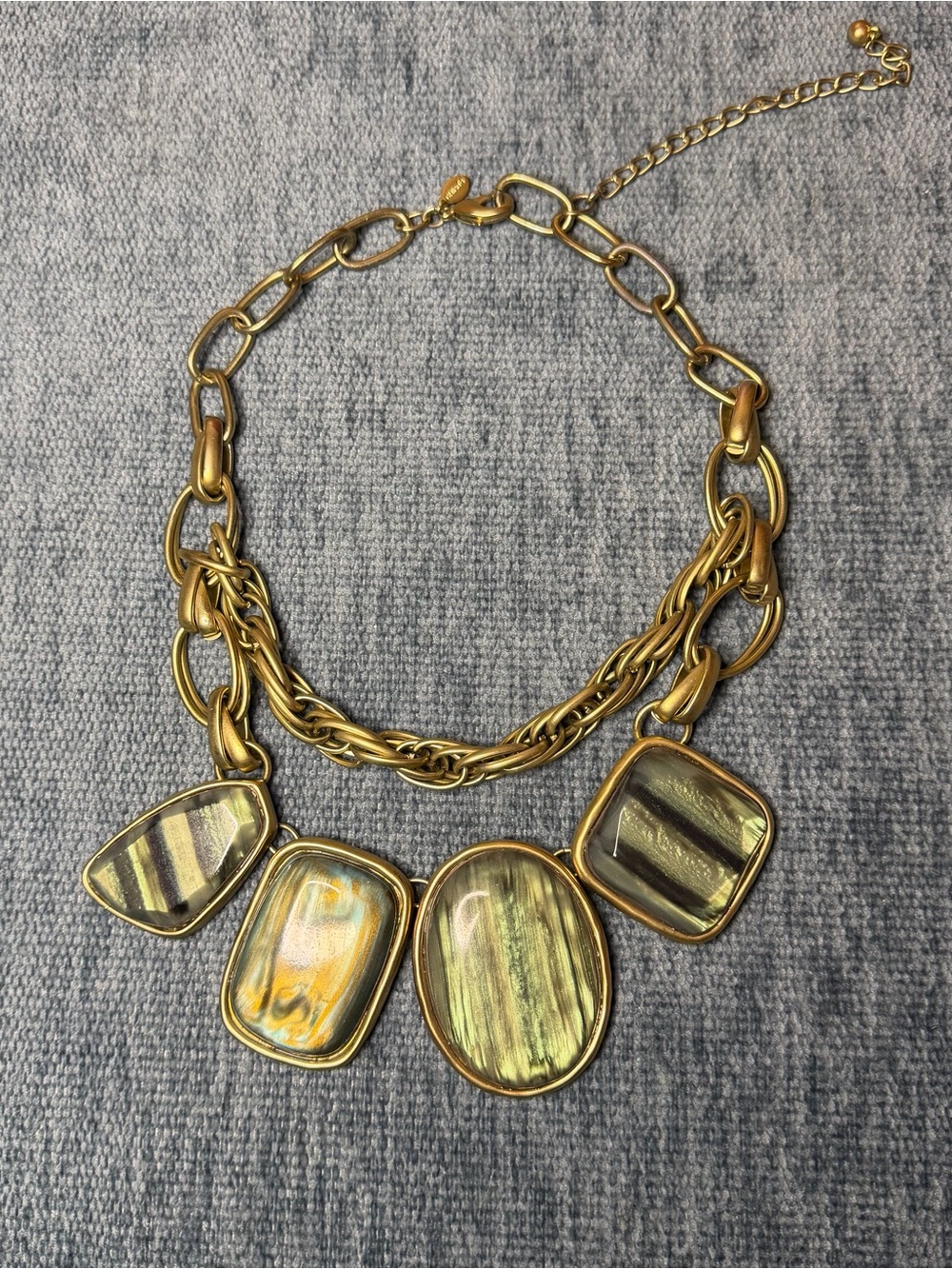 CHICO’S Gold-Tone Statement Necklace with Iridescent Green Stones